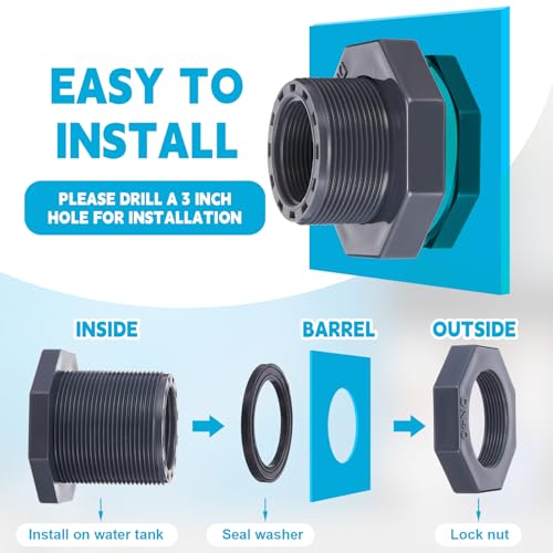 2 Pcs 1-1/2 Inch Bulkhead Fitting PVC Water Tank Connector Plumbing Pipe Threaded Bulkhead Fitting NPT for Rain Barrels, Water Tanks, Aquariums, Tubs, Pools