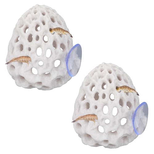 2pcs Shrimp Hides for Aquarium, Multi-Hole Shrimp Dome Hide House with Suction Cup Coral Design Betta Fish Toys Fish Tank Accessories for Guppy and More Hiding Resting (White)