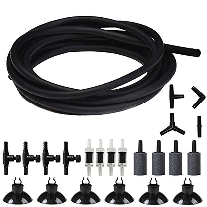 Aquarium 25 Feet 3/16 Inch ID Flexible Airline Tubing Come with Check Valves, Suction Cups, Air Stone, Control Valves and Connectors (Black)