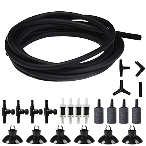 Aquarium 25 Feet 3/16 Inch ID Flexible Airline Tubing Come with Check Valves, Suction Cups, Air Stone, Control Valves and Connectors (Black)