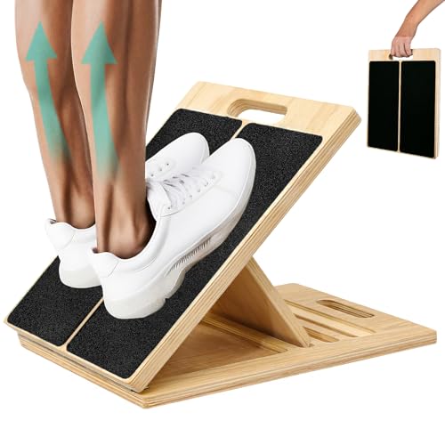 Slant Board, Wooden 5‑Angle Calf Stretcher Non‑Slip for Plantar Fasciitis & Achilles Pain Relief, 350 LBS Portable Therapy Foot Stretcher with Training Poster, Relief Leg Heel Ankle Pain