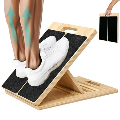 Slant Board, Wooden 5‑Angle Calf Stretcher Non‑Slip for Plantar Fasciitis & Achilles Pain Relief, 350 LBS Portable Therapy Foot Stretcher with Training Poster, Relief Leg Heel Ankle Pain