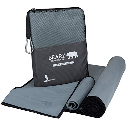 Microfiber Towel Set by BEARZ Outdoor. Microfiber Towels for Body, Workout Towel, Camp Towel, Yoga Towel, Sweat Towel, Microfiber Beach Towel, Travel Towel. Fast Drying & Compact. Free Face Towel - color: Space Gray (2 Pack)