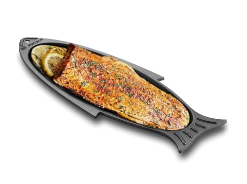 Outset Cast Iron Fish Grill and Serving Pan, 18.9 x 7.28 x 0.98 inch BBQ and Oven Safe Fish Cooking Pan - color: Black, size: 18.9 x 7.28 x 0.98 inches