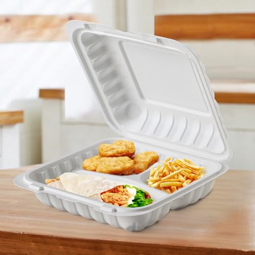 Food Containers 8" 34 oz 55 Pack - Shrink Wrapped Ready to Use | 3 Compartment Mineral Filled PP Clamshell | Microwave & Freezer Safe | BPA Free White To Go Boxes for Meal Prep & Leftovers - size: 8 inch 34 oz with 3 compartment