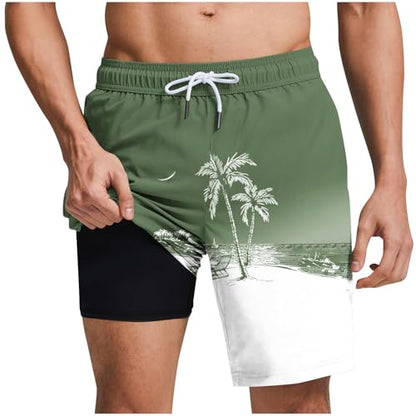 Men's Swim Trunks with Compression Liner Drawstring Bathing Suits Board Beach Shorts with Pockets - color: Army Green, size: XX-Large
