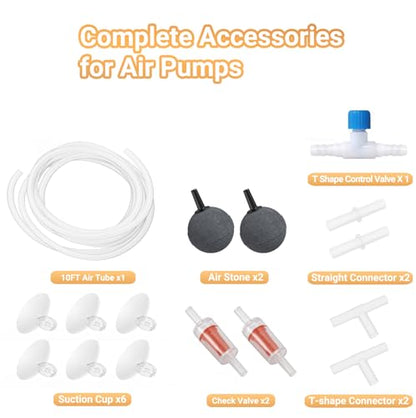Aquarium Air Pump Accessories Kit with Standard Tubing, Air Stones, Check Valves, Suction Cups and Connectors.(10 Ft. Tubing/2 Air Stone)