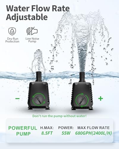 680GPH Submersible Pump(2400L/H, 55W), Ultra Quiet Fountain Pump with Over Heating Protection & Filter Sponge 8.5ft High Lift for Pond, Fish Tank, Aquarium, Hydroponics, Waterfall Q104