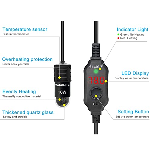 YukiHalu USB Powered Aquarium Heater, 10W Adjustable Mini Fish Tank Heater with External Temperature Controller, LED Display, Used for 0.5-1 Gallon Tank (10W USB)