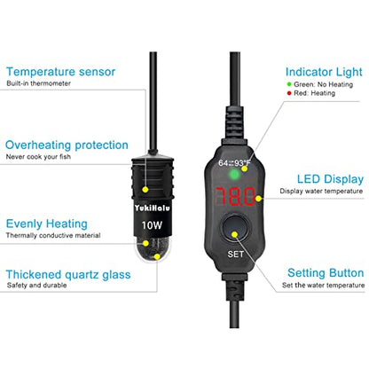 YukiHalu USB Powered Aquarium Heater, 10W Adjustable Mini Fish Tank Heater with External Temperature Controller, LED Display, Used for 0.5-1 Gallon Tank (10W USB)