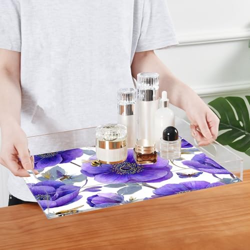 Acrylic Tray Clear Serving Vanity Ottoman Bathroom Coffee Table Countertop Organizer Raised Edge Spill Proof Purple Anemone Bees - color: Purple Anemone Bees