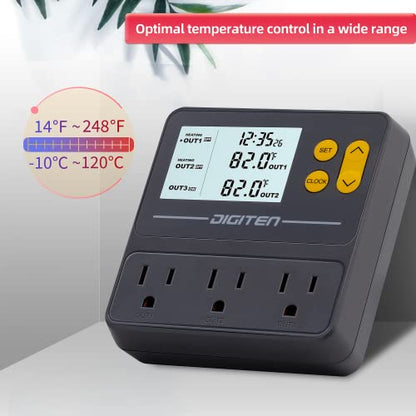 Reptile Temperature Controller, 3 Outlet Timer Thermostat for Grow Tent, Incubation, Snakes, Fish Tank, Heater, humidifiers, Ball Pythons, Bearded Dragon Tank