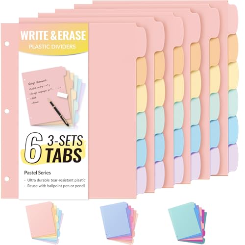 Sooez 6-Tab Durable Plastic Write & Erase Big Tab Dividers for 3 Ring Binder, Aesthetic Cute Binder Dividers for Student, Teacher, Office, Home Organizers, 6 Sets - color: Pastels, size: 6set