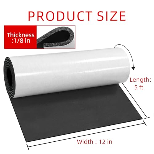 Black Neoprene Foam Sheet, 12" x 1/8" x 5ft, High Density Self-Adhesive Rubber Padding with White Backing, Weather Stripping, Soundproofing Mat, and Gasket Sealer for Home, Auto & DIY Projects