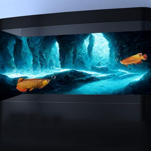 30X18 Inches Fish Tank Background, Underwater Cave Terrarium Background Decor, Blue Landscape Stone Durable Polyester Background with 8 EVA Double-Sided Tapes
