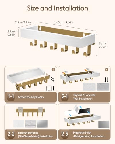 Key Holder Wall Mount Magnetic Adhesive, Key Hooks Rack with Shelf - color: Gold White, size: Medium