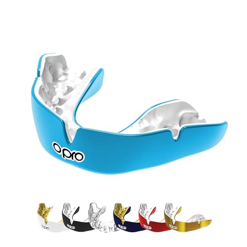 OPRO Instant Custom-Fit Mouthguard – Dentist Level Gum Shield Adult and Kids – OPRO Mouth Guard Boxing and MMA, Self-Fit Gum Shield Rugby – Maximum Protection with Dental Warranty (Sky Blue/White) - color: Sky Blue/White, size: Youth (Under 10)