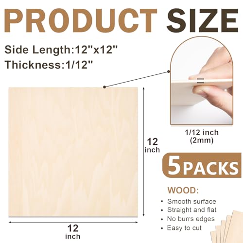5 Pack Basswood Sheets for Crafts,12"x12"x1/12 2mm Thick Plywood Sheets with Smooth Surfaces-Unfinished Squares Wood Boards for Laser Cutting, Wood Burning, Architectural Models, Staining - size: 5 Pack -12X12X1/12 Inch