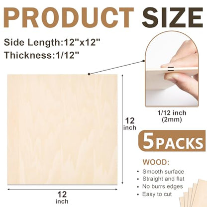 5 Pack Basswood Sheets for Crafts,12"x12"x1/12 2mm Thick Plywood Sheets with Smooth Surfaces-Unfinished Squares Wood Boards for Laser Cutting, Wood Burning, Architectural Models, Staining - size: 5 Pack -12X12X1/12 Inch