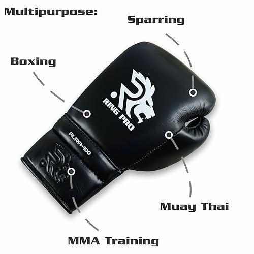 Aura 100 Full Grain Leather Lace Up Boxing Gloves for Men & Women – Professional Training, Sparring, Competition, Muay Thai, Kickboxing & Heavy Bag Gloves - color: Black, size: 14 OZ