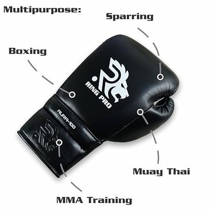 Aura 100 Full Grain Leather Lace Up Boxing Gloves for Men & Women – Professional Training, Sparring, Competition, Muay Thai, Kickboxing & Heavy Bag Gloves - color: Black, size: 14 OZ