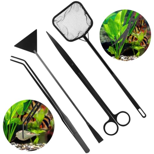 4-Piece Aquarium Tool Set, Curved Scissors, Tweezers, Sand Spatula & Fish Net for and Tank Cleaning