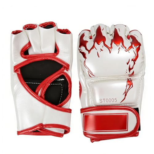 HERCHR MMA Gloves, Professional MMA Fingerless Gloves PU Leather Punching Bag Sanda Boxing Gloves for Punching Bag Sparring Muay Thai Karate - color: white red