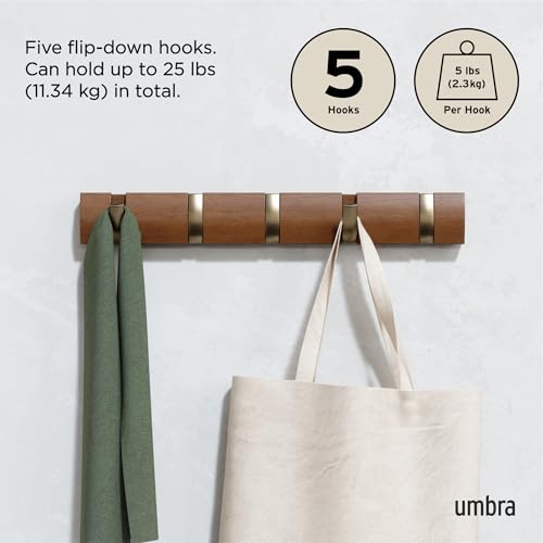 Umbra Flip Coat Rack, Wall Mounted 5-Hook Space Saving, Walnut/Gold - color: Walnut/Gold, size: 5 hook
