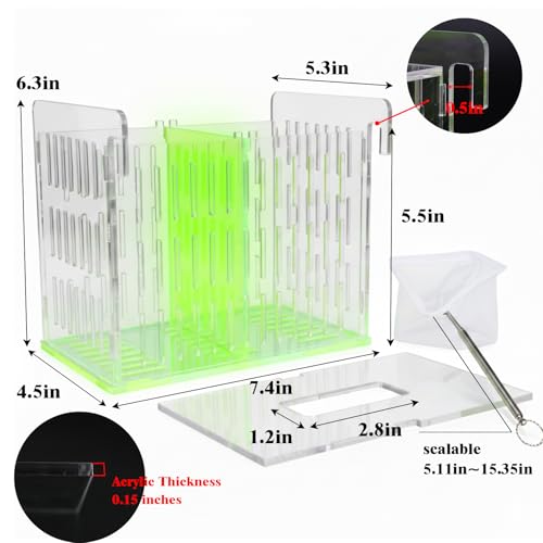 Green Acrylic Aquarium Breeder Box, 7.4x5.3x6.3 in Hang-On Fish Isolation Box with Long Handle Net, Removable Divider & Feeding Hole for Betta Guppy Shrimp Freshwater Saltwater