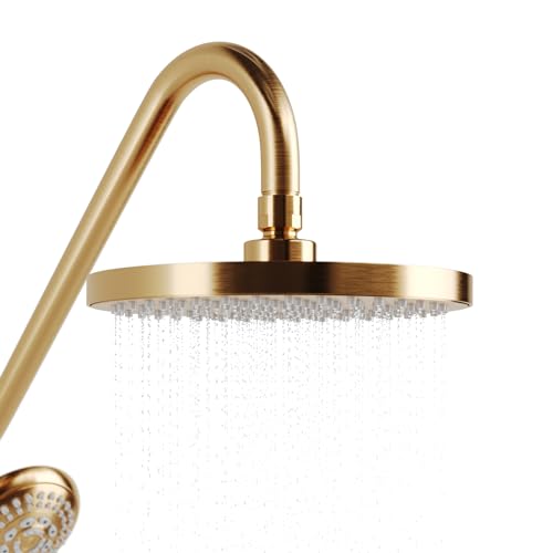 PULSE ShowerSpas Kauai III Brushed Gold Rain Shower Head with Handheld Spray - 1.8 GPM, 8" Showerhead, 5-Function HandShower, Adjustable Slide Bar - Shower Heads with Handheld Spray Combo - size: 1.8 Gallon Per Minute, style: Brushed Gold