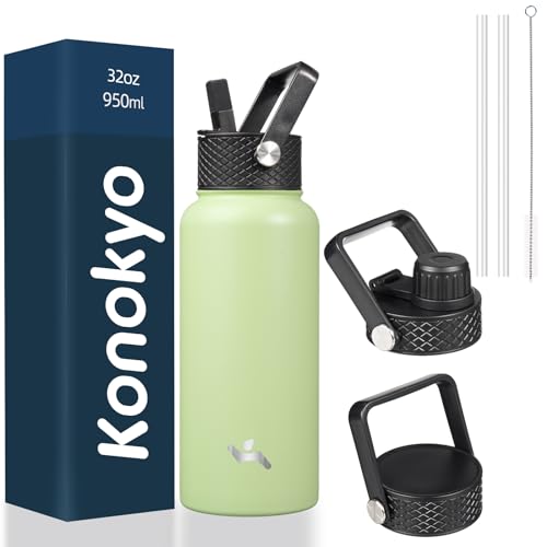 Konokyo 32 oz Insulated Stainless Steel Water Bottle with Straw Lid - color: Macaron Green, size: 32 Ounces
