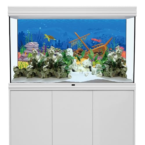 AWERT 30x12 inchesCartoon Underwater Landscape Aquarium Background Tropical Coral Reef Sea Animals Terrarium Background Deep Blue Ocean Fish Crab Treasure Chest Sea Turtle Fish Tank Backdrop - size: 30x12in/75x30cm