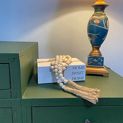 Decorative Books for Home Decor, White Faux Books for Decoration, Rustic Farmhouse Stacked Display Books with 52in Wood Bead Garland for Coffee Tables Living Room, (Home Sweet Home) - style: Home Sweet Home