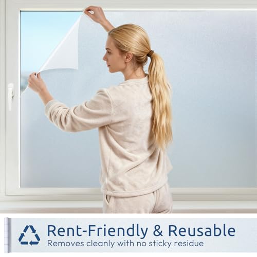rabbitgoo Frosted Glass Window Privacy Film, No Glue, Anti-Glare Heat Blocking, Easy to Install, Renter Friendly Removable Opaque Bathroom Window Clings for Glass, 17.5" x 78.7" - color: Frosted White, size: 17.5" X 78.7"