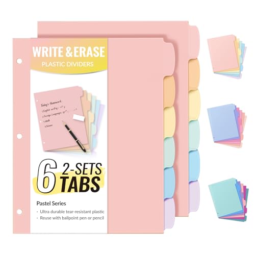 Sooez 6-Tab Durable Plastic Write & Erase Big Tab Dividers for 3 Ring Binder, Aesthetic Cute Binder Dividers for Student, Teacher, Office, Home Organizers, 2 Sets - color: Pastels, size: 2set