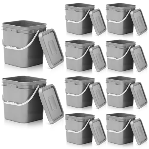 10 Pcs 3.5 Gallon Square Food Grade Bucket with Lid Plastic Buckets Pail with Handle Lid Heavy Duty Buckets for Storing Dry Food Charcoal Camping Fishing(Grey) - color: Gray, style: Square