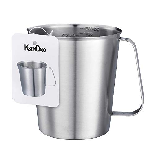 48Oz/6Cup Stainless Steel Pitcher (SUS304), 1.50 Liter Metal Container for Water, Milk, Liquid with Handle with Engraved Markings, Silver | SUS304 Metal Measuring Cup with Precision Engraved Markings, Mixing Pitcher for Baking, Frothing, Coffee, Milk and