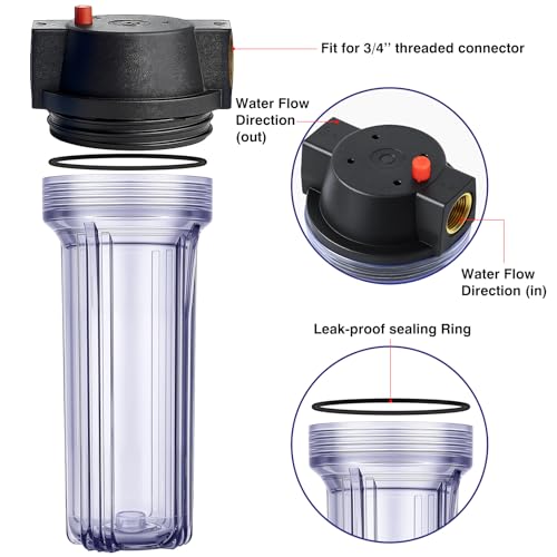 Geekpure 10-Inch Whole House Slim Water Filter Housing with Pressure Relief Valve - 3/4" NPT Brass Port-Fit for 2.5" x 10" Filters-Clear Pack of 3