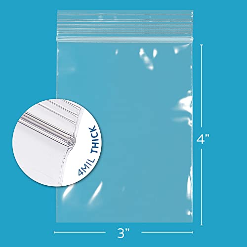 3" x 4" Small Reclosable Zip Bag - Heavy-duty 4 Mil, Bulk Case of 100 - Clear, Resealable Zip Top Lock for Storage & Packaging Food, Nuts, Bolts & Screws. - size: 3" x 4"