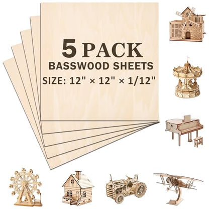 5 Pack Basswood Sheets for Crafts,12"x12"x1/12 2mm Thick Plywood Sheets with Smooth Surfaces-Unfinished Squares Wood Boards for Laser Cutting, Wood Burning, Architectural Models, Staining - size: 5 Pack -12X12X1/12 Inch