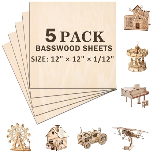 5 Pack Basswood Sheets for Crafts,12"x12"x1/12 2mm Thick Plywood Sheets with Smooth Surfaces-Unfinished Squares Wood Boards for Laser Cutting, Wood Burning, Architectural Models, Staining - size: 5 Pack -12X12X1/12 Inch