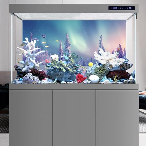 YongFoto Winter Snow Scene Fish Tank Background 30x12 inch Snowfield Pine Forest Rime Starry Sky Aurora Polyester Backdrop Reptile Habitat Terrarium Bearded Dragon Aquarium Background