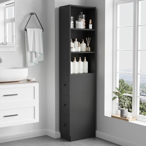 ARTETHYS Tall Narrow Free Standing Bathroom Storage Cabinet with 3-Level Adjustable Shelves Home - Space Saver for Living Room Kitchen - Classic Black - color: Black