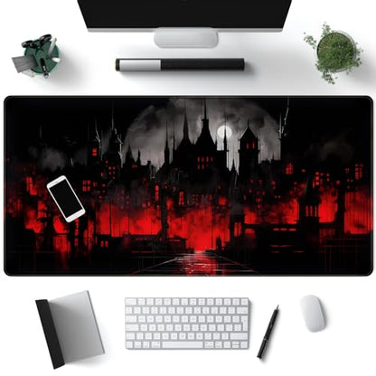 Black Castle Large Mouse Pad Red and Black Mousepad Gaming Playmat Game Mat, Big Full Keyboard and Mouse Pads Cool Desk Pad for Keyboard with Stitched Edges Anti-Slip Desk mat 31.5" X 15.7 " - color: Black and Red Castle