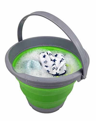 SAMMART 5.5L (1.4 Gallon) Collapsible Plastic Bucket with Lid - Foldable Round Tub with Lid - Portable Fishing Water Pail - Space Saving Outdoor Waterpot. (Grey/Bamboo Green)