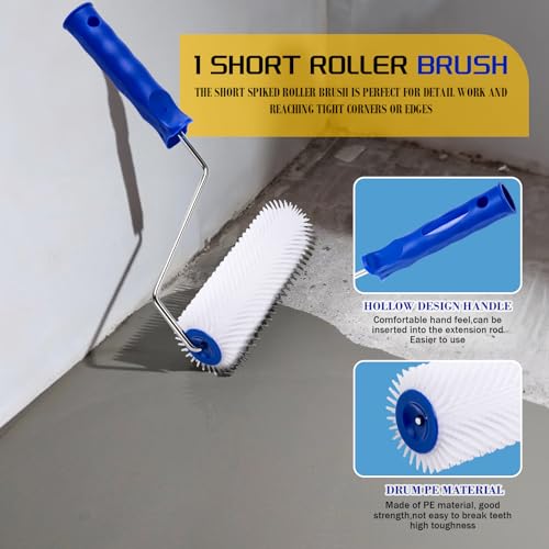 Self Leveling Concrete Tools, Spiked Roller for Self Leveling Epoxy Floor Tool Kit - Cement Leveling Tools with Roller Brush, Spike Shoes, Stainless Steel Scraper Self-Leveling Rake