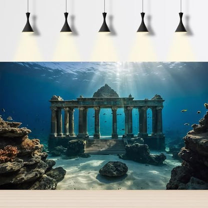 Under The Sea Scene Aquarium Background Tranquil Underwater Ancient Temple Fish Tank Background Deep Blue Sea Sunray Terrarium Backgrounds Blue Ocean Sunken Temple Reptile Tank Backgrounds 48x24in - color: Blue_Dark Brown, size: 48(W)x24(H)in