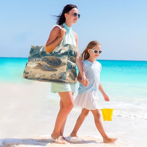 senya Large Beach Bags Totes Canvas Tote Shoulder Bag Soft Wave Water Resistant Bags for Gym Travel Daily Ocean - color: Sea Turtle on Beach