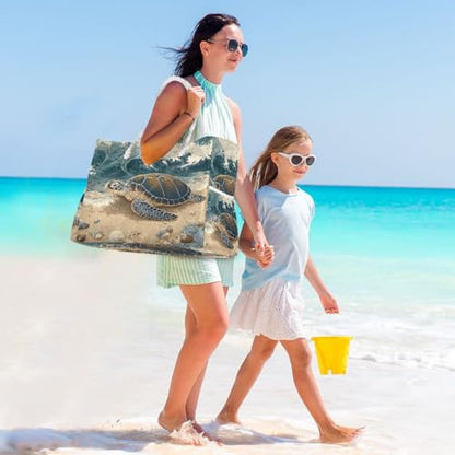 senya Large Beach Bags Totes Canvas Tote Shoulder Bag Soft Wave Water Resistant Bags for Gym Travel Daily Ocean - color: Sea Turtle on Beach