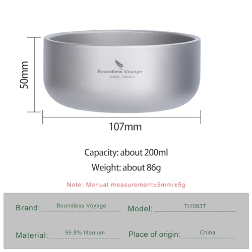 Boundless Voyage 200ml Titanium Double-walled Bowl for Adult Children Ultralight Portable Soup Rice Food Bowl Outdoor Camping Durable Metal Tableware Ti1083T - color: 200ml-Ti1083T